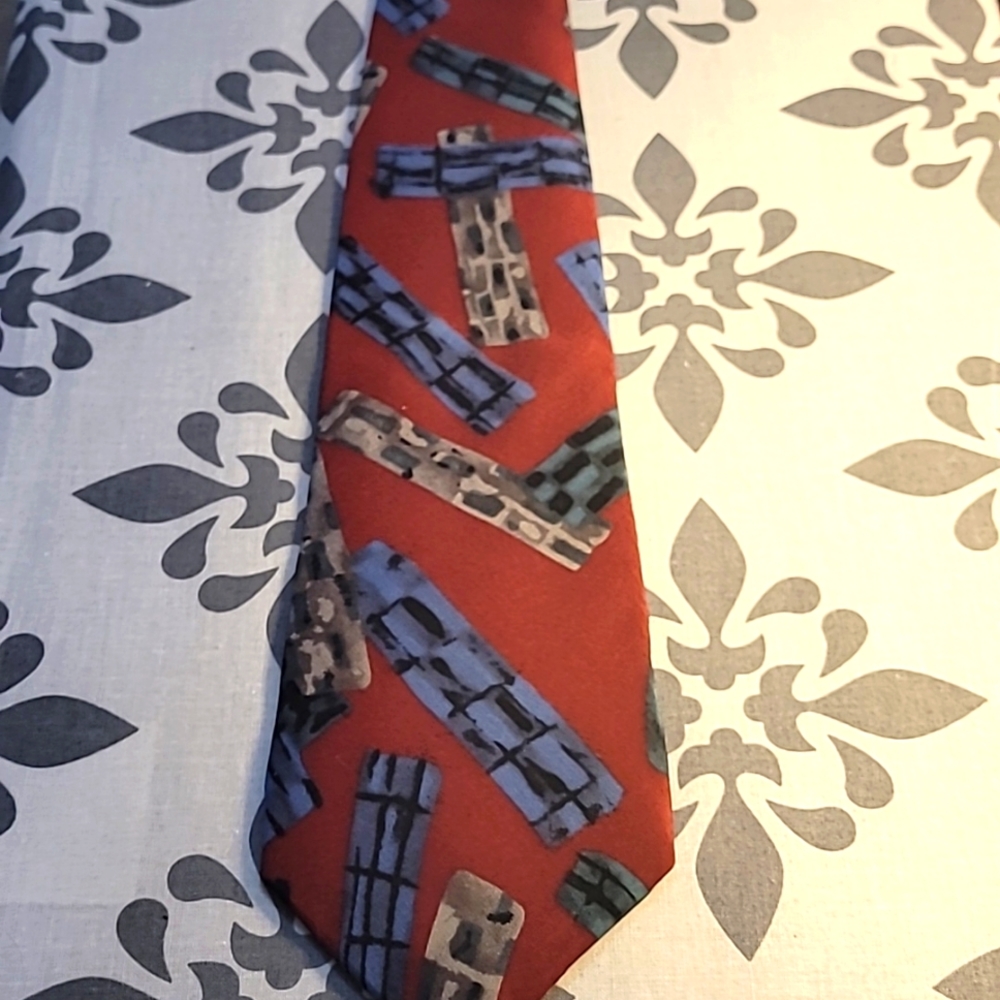 Oscar de la Renta Silk Red Tie with Tan, Blue, Teal, and Black